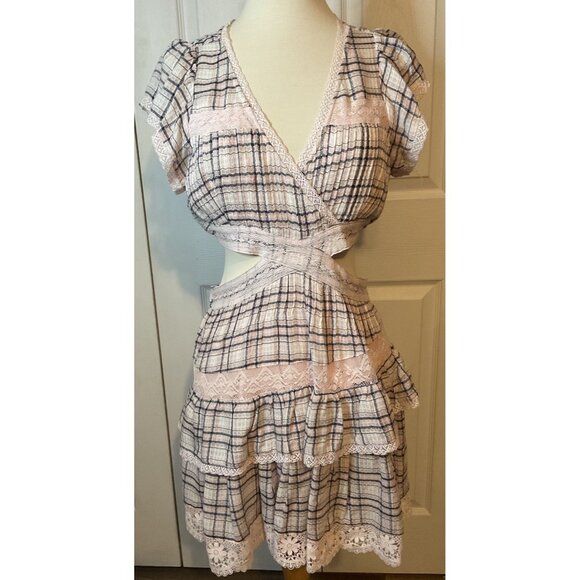 Reset Plaid Pink White Lace Cut Out Dress Size Small Feminine - Picture 1 of 6